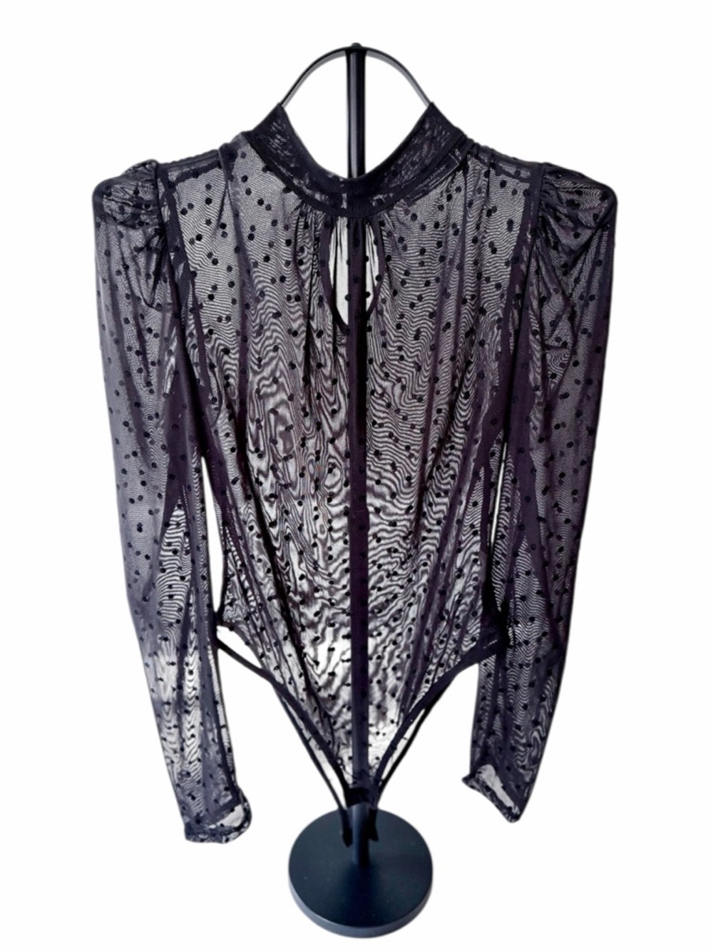 Sheer Mesh Polka Dot Bodysuit Puff Sleeve High Neck Black Small Festival Goth